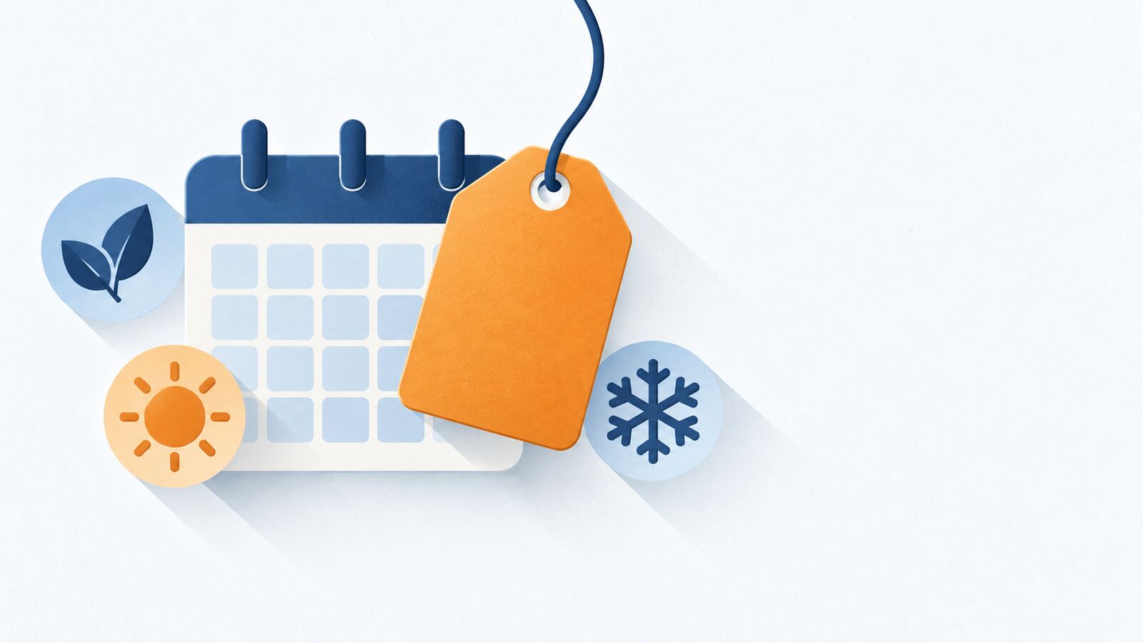 Illustration: Preisschild über einem Kalender mit Blatt-, Sonnen- und Schneeflocken-Symbol
