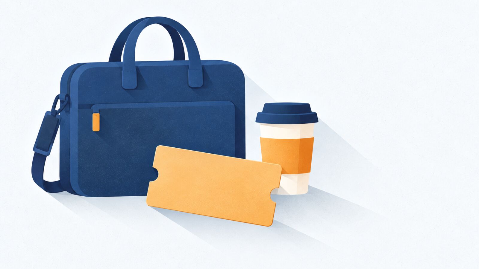 Illustration: Laptoptasche, Kaffeebecher to go und Fahrkarte