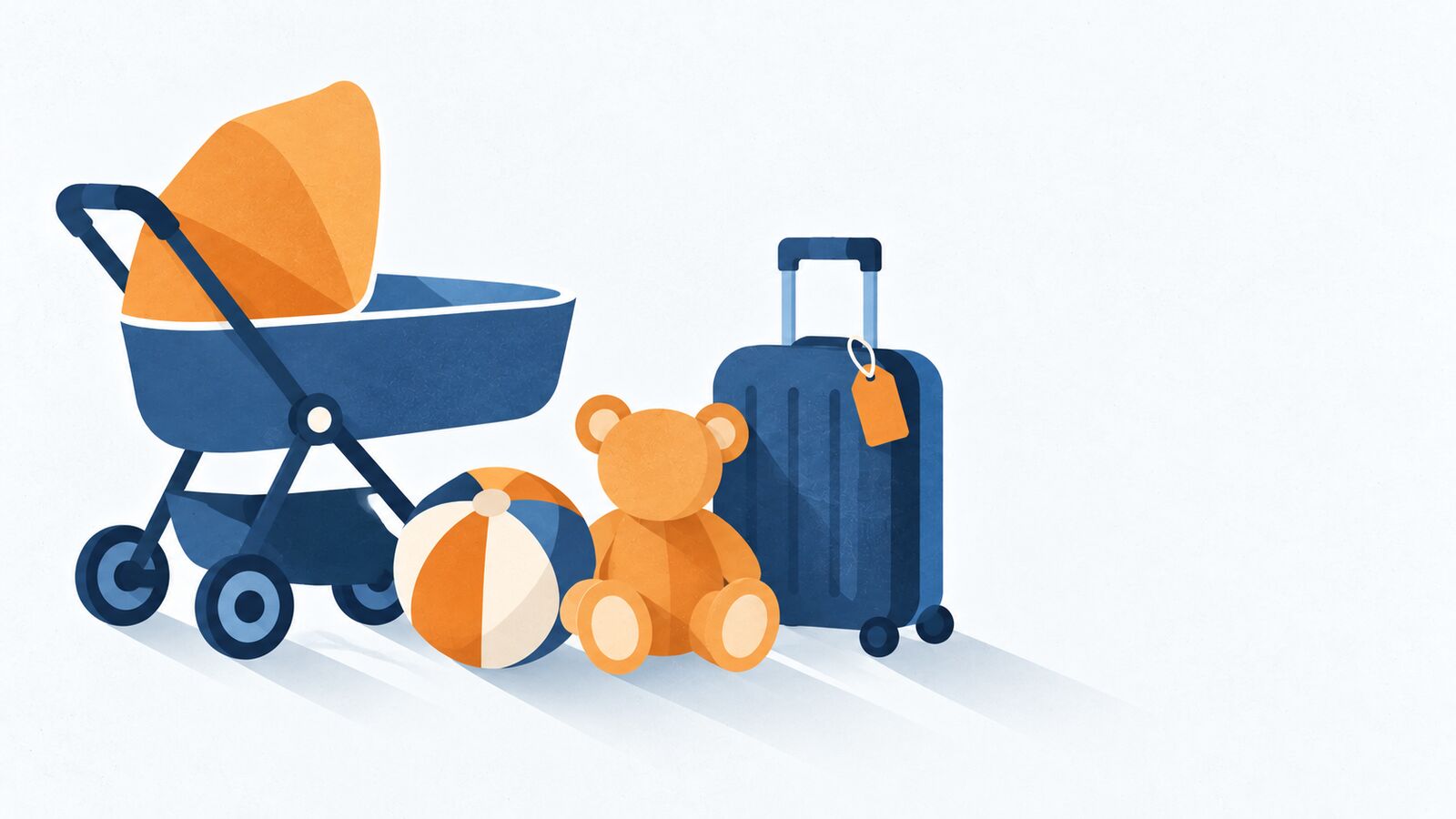 Illustration: Kinderwagen, Wasserball, Teddybär und Koffer
