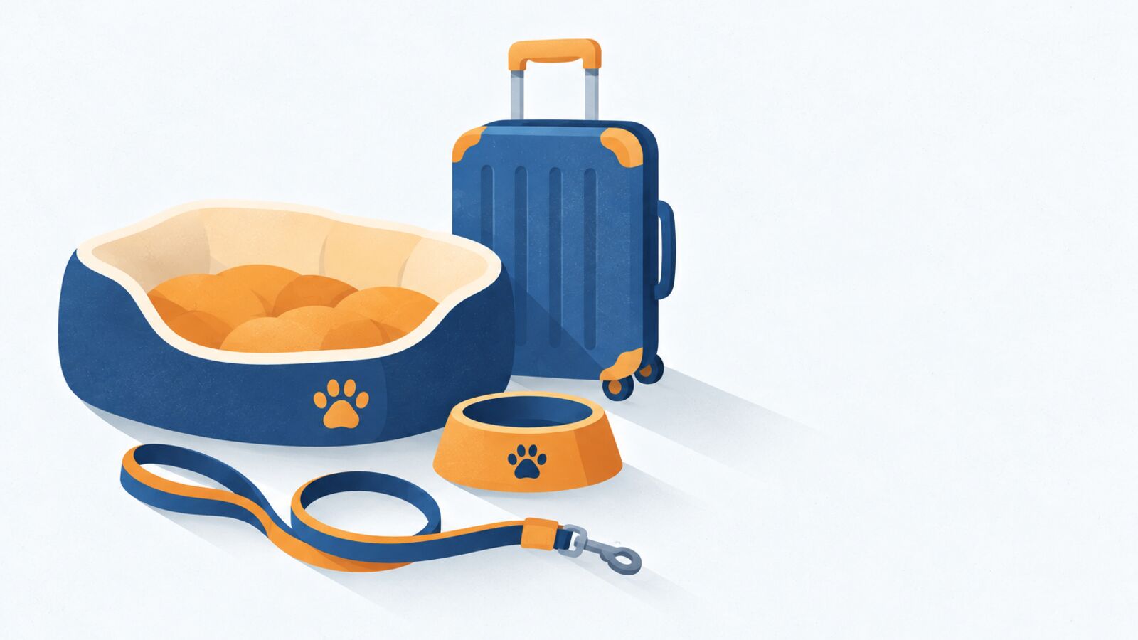 Illustration: Hundebett, Leine, Futternapf und Koffer
