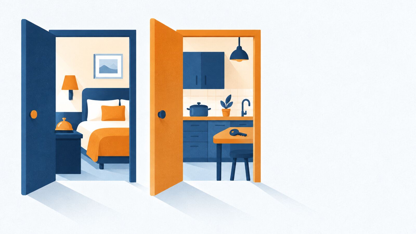 Illustration: zwei offene Türen – links Hotelbett mit Rezeptionsklingel, rechts Apartment mit Küchenzeile und Schlüssel