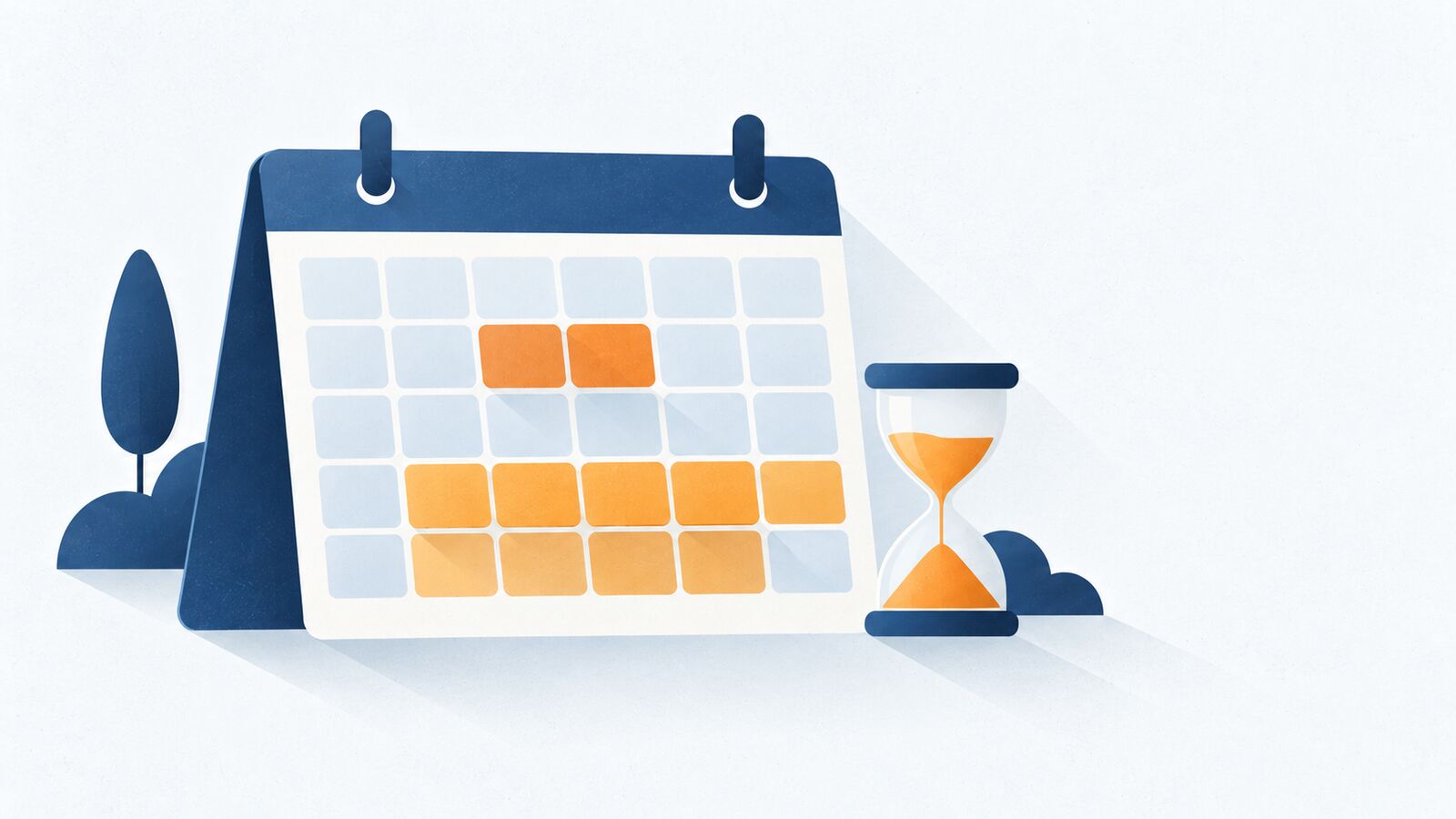 Illustration: Tischkalender mit kurzem und langem markiertem Zeitraum und Sanduhr