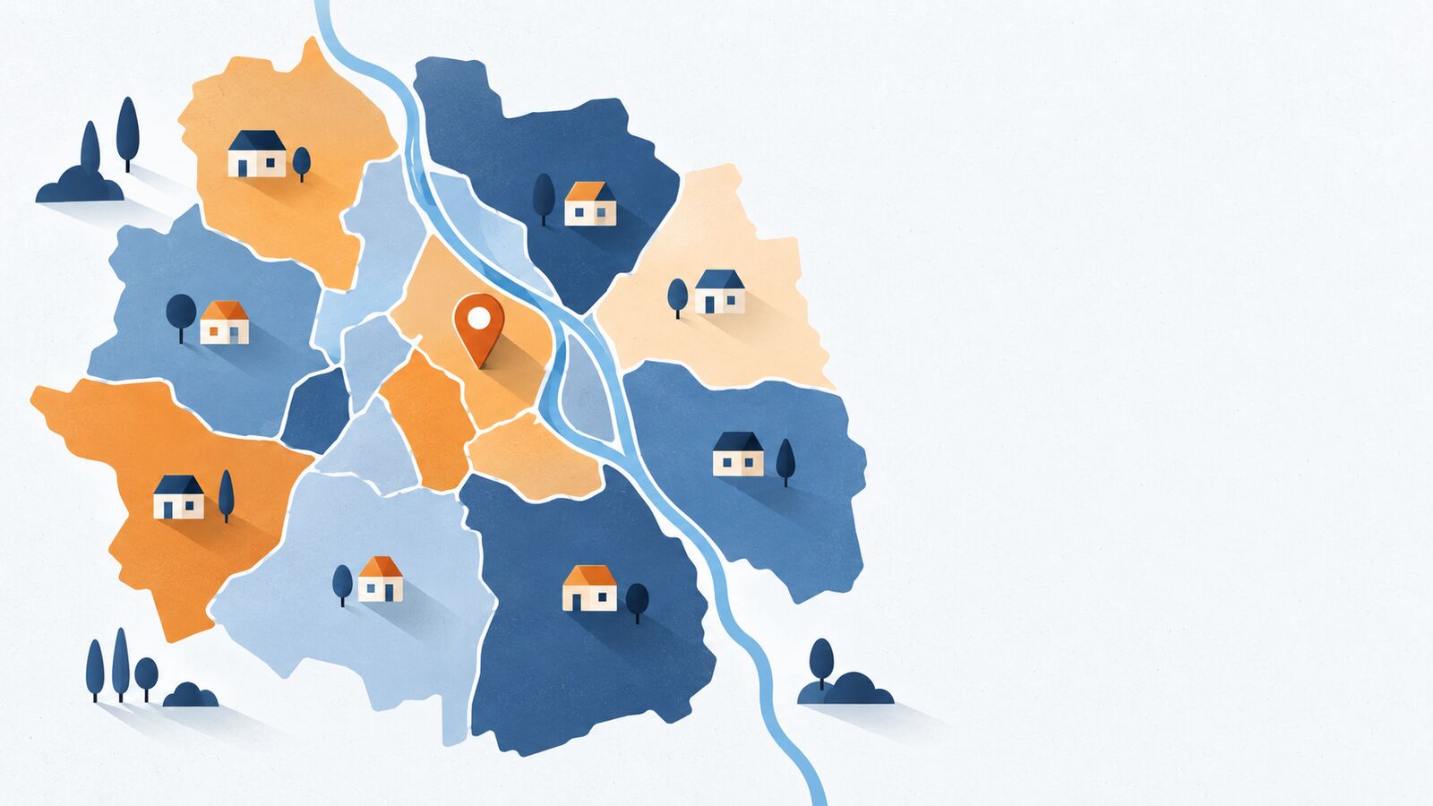 Illustration: stilisierte Stadtkarte mit farbigen Stadtteilen, kleinen Häusern, Fluss und Standort-Pin