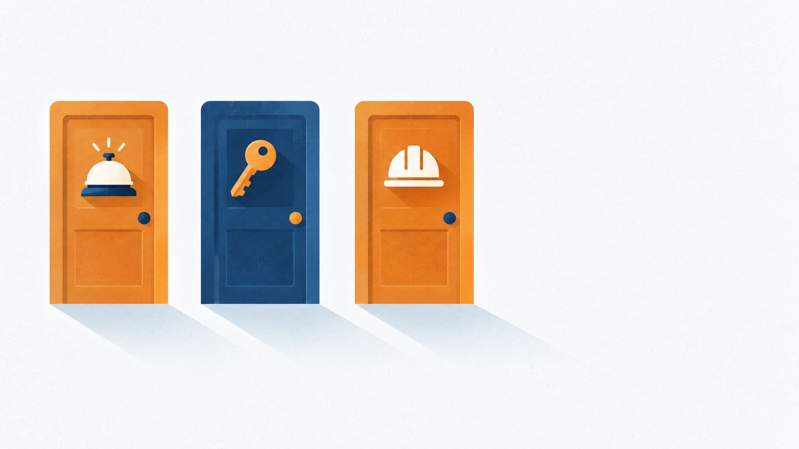 Illustration: drei Türen mit Hotelklingel, Apartmentschlüssel und Bauhelm als Symbole für Hotel, Apartment und Monteurzimmer