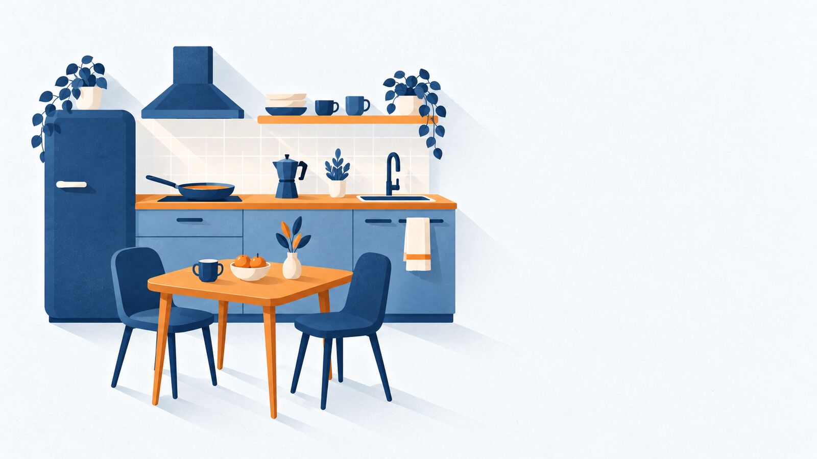 Illustration: kompakte Küchenzeile mit Kochfeld, Pfanne, Kaffeekanne und kleinem Esstisch